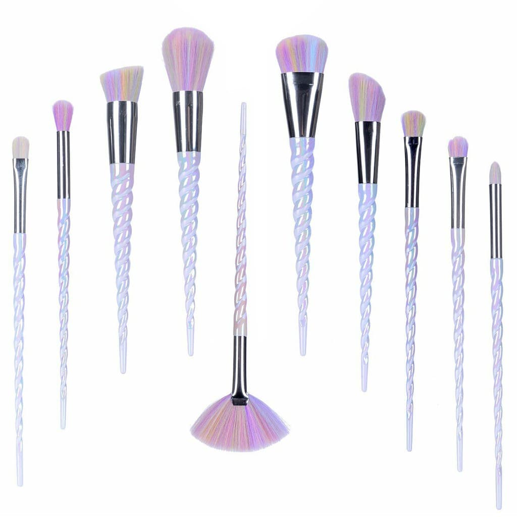 Kit Pinceis Maquiagem Profissional 10 Peças Holográfico  Unicórnio GT907 Lorben
