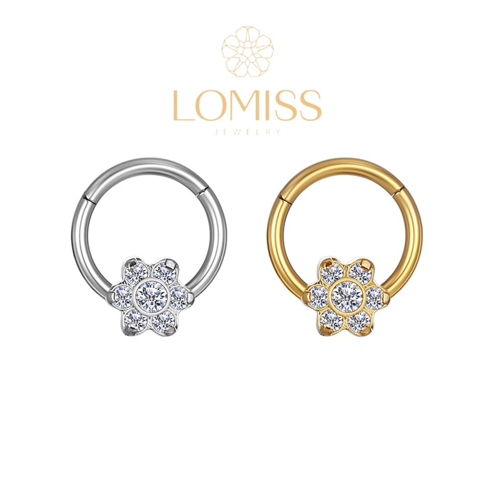 Piercing Argola PVD  AÇo CirÚrgico  Segmento Articulado Flor ZircÔnia Cravejada