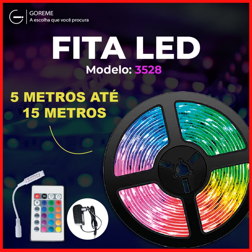 Fita LED 3528 SUPER LED ULTRA RGB 5M até 15M 12V 300 LEDS | 16 CORES IP20 Pronta Entrega Com e Sem Fonte
