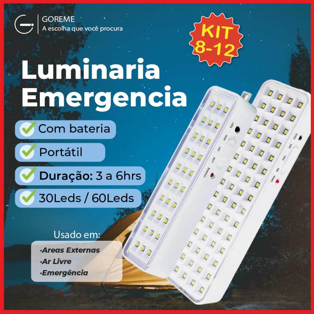 8-12 Luminárias Emergência Lâmpada 30 ou 60 Leds Recarregável Bivolt Luz Branca
