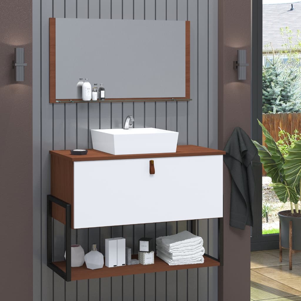 Conjunto Gabinete Banheiro Vegas 80cm MDF + Espelheira + Cuba