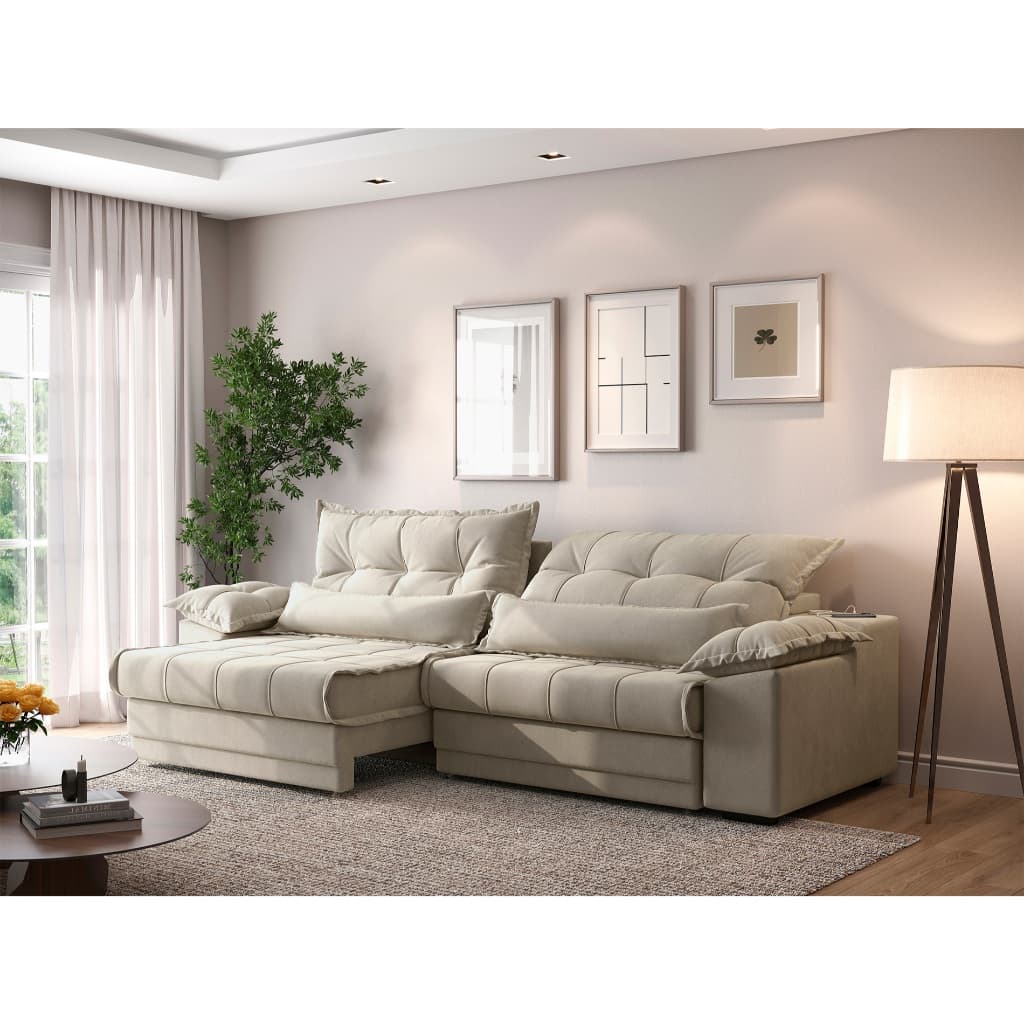 Sofá Retrátil e Reclinável com Molas ensacadas e Carregador USB Colosso 2,50m Veludocristal Areia - NETSOFAS
