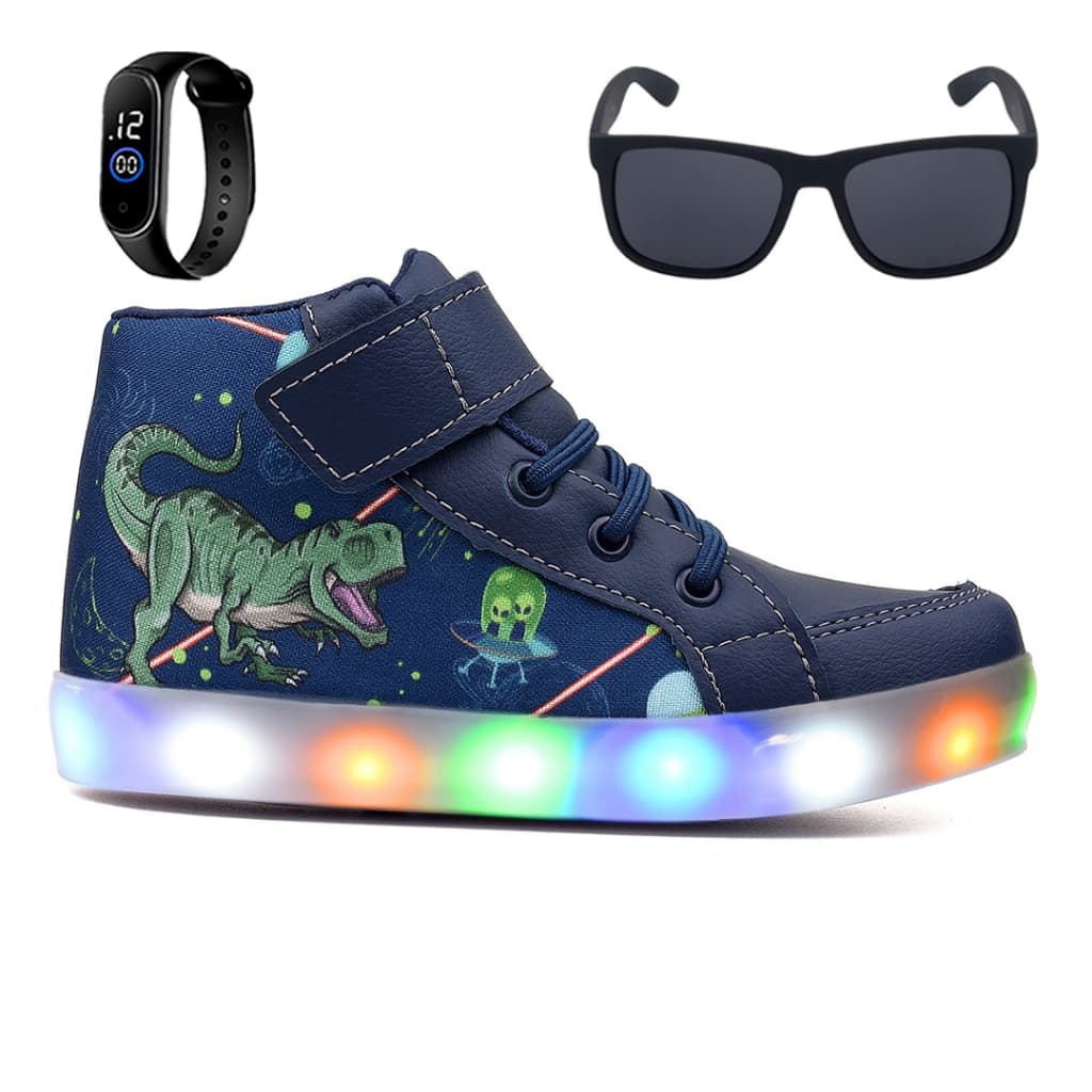 Tenis Botinha Infantil Luzinha De Led Dinossauro + Oculos + Relogio