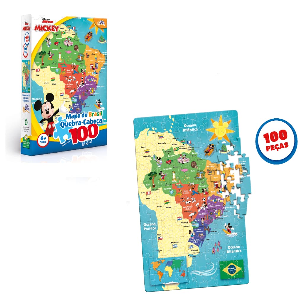 Quebra Cabeça Disney's Mickey Mouse Mapa do Brasil 100 Peças - Toyster 8074
