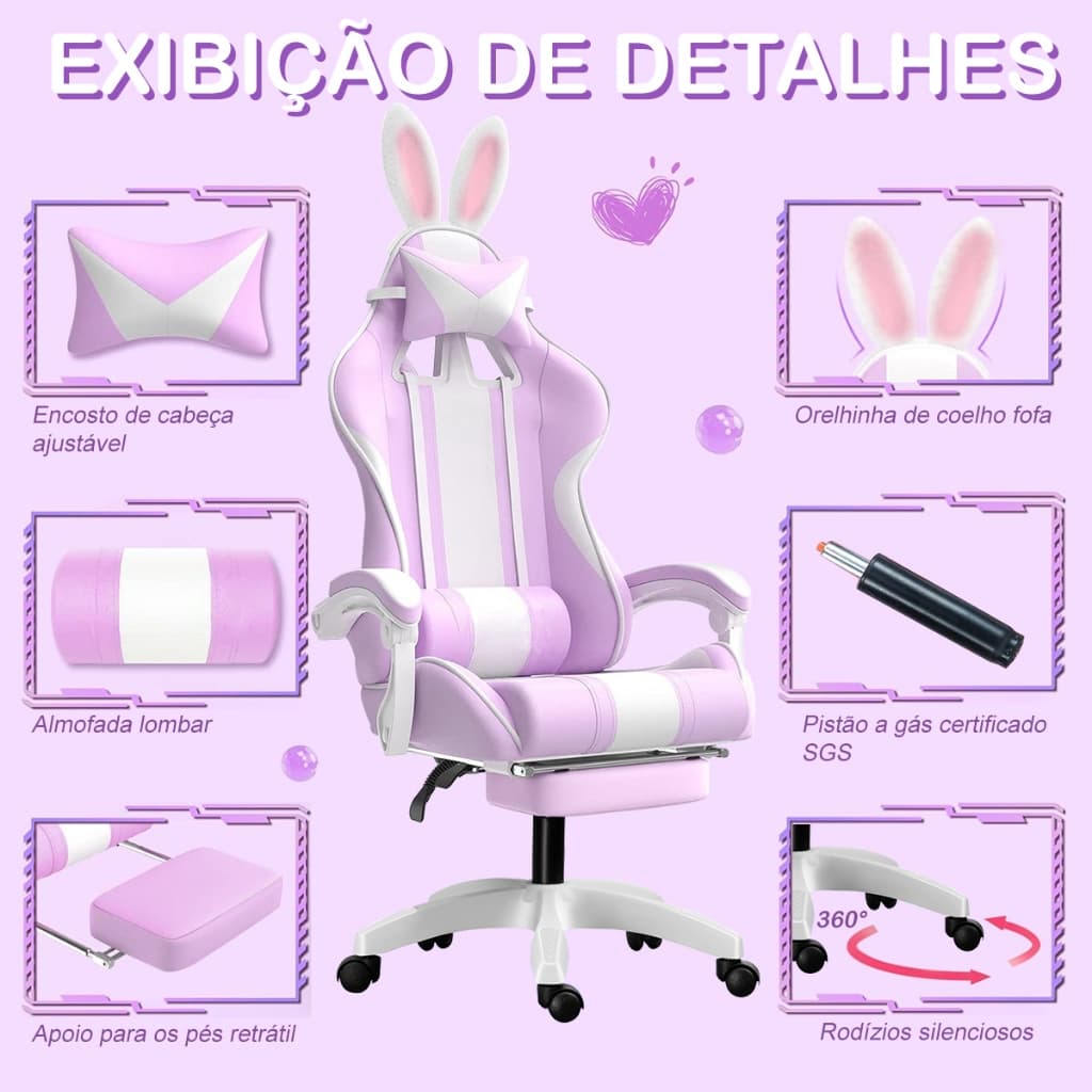 Cadeira Gamer Roxa com Almofadas Cervical/Lombar - Conforto Ergonômico, Reclinável 120°, Braço 1D, Suporta 150kg, Tecido