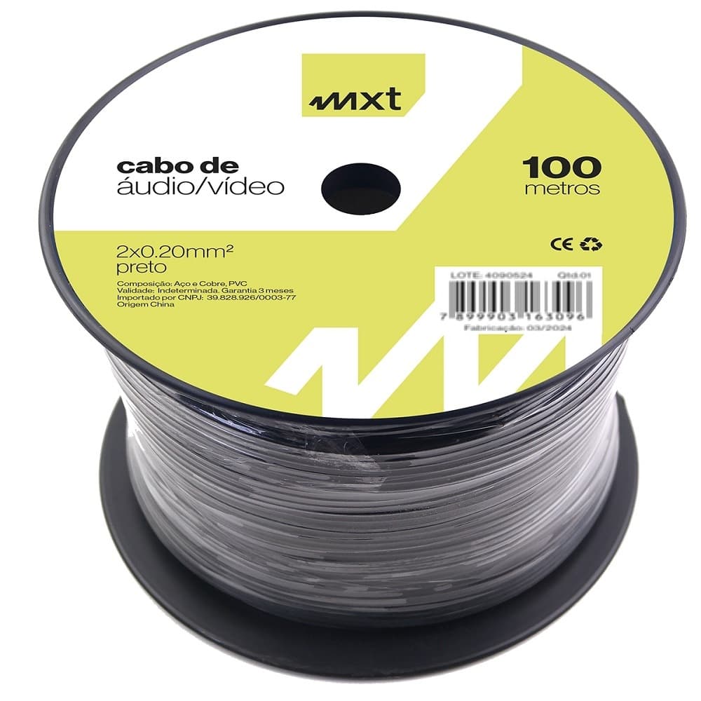 Cabo de Áudio Estéreo MXT 2x0,20mm 100 Metros Carretel Preto para Instalação e Conexão de Equipamentos de Áudio