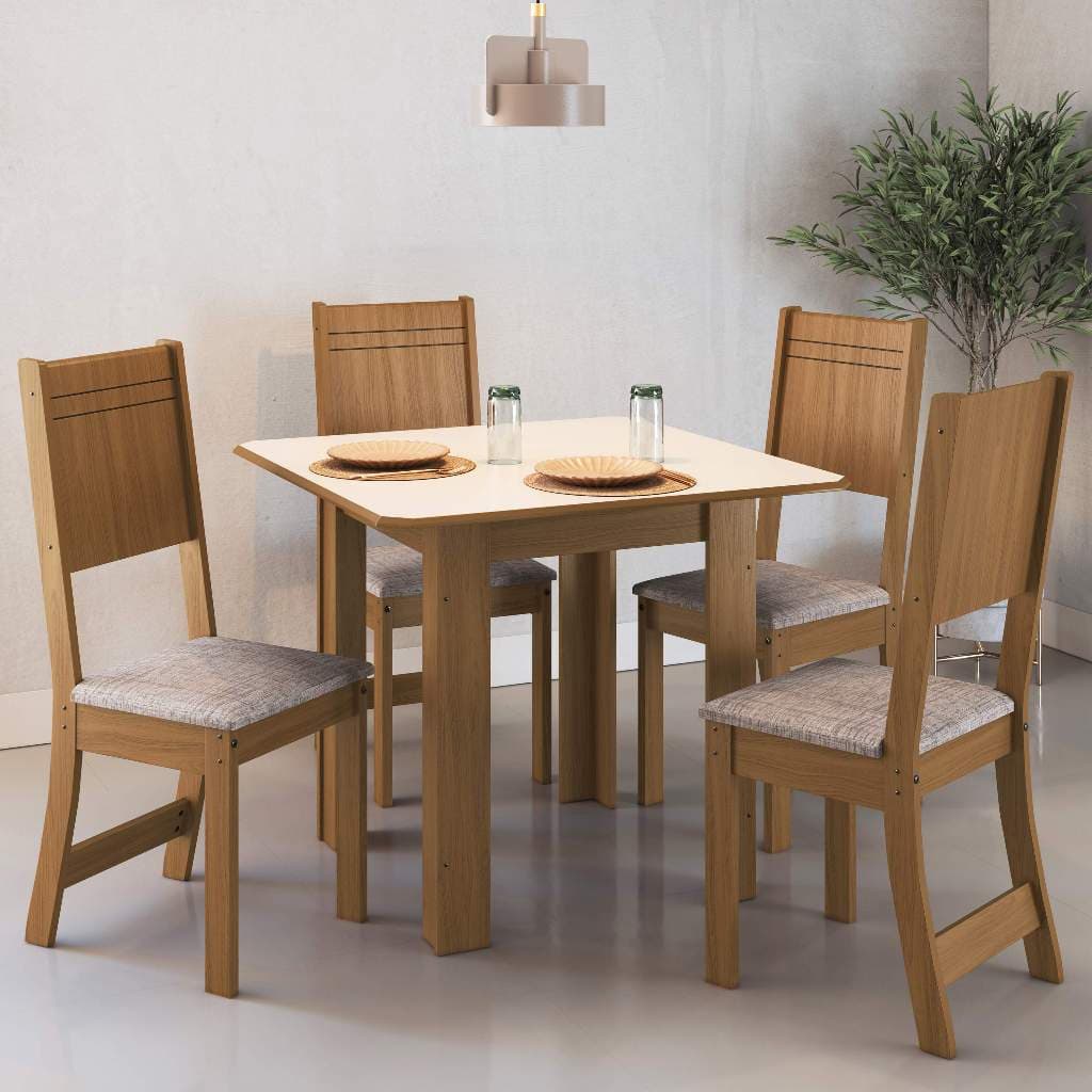 Conjunto Sala de Jantar Mesa Fidelitá Pequim Com 4 Cadeiras Freijó/Off-White Assento Linho