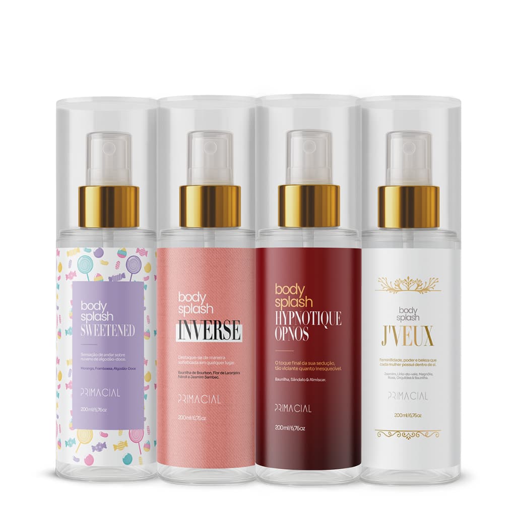 KIT BODY SPLASH FEMININO SWEETENED + INVERSE + HYPNOTIQUE OPNOS + J'VEUX 200ML - PRIMACIAL PERFUME FLORAL ORIENTAL