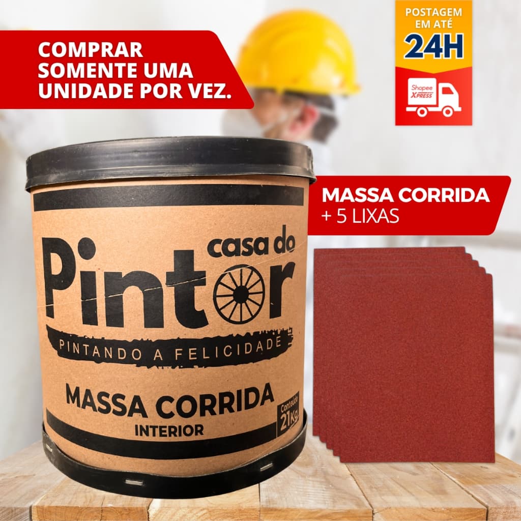 Kit Massa Corrida PVA Revestimento - 21kg + 05 FOLHAS DE LIXAS 100/120