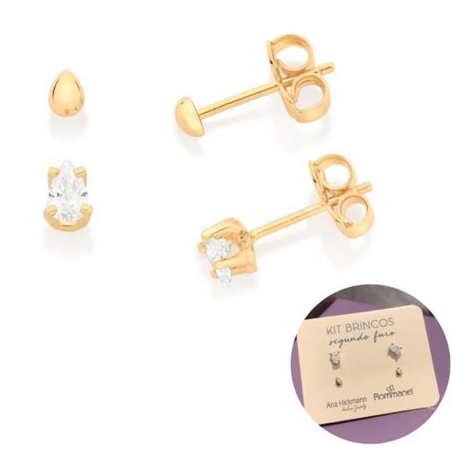 Kit Brincos Solitários Rommanel Ana Hickmann Folheado 526962