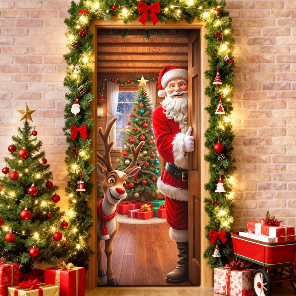 Capa de Porta Natal Decoração Natalina para Casa Em Tecido Sublimado Veste Porta C/Elástico 0,8x2,1m