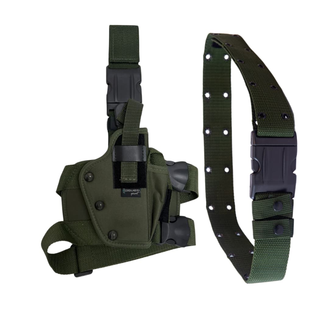 Coldre Destro (Lado Direito) Robocop Cintura/Perna - Verde + Cinto Tático Ilhós - Tático Militar