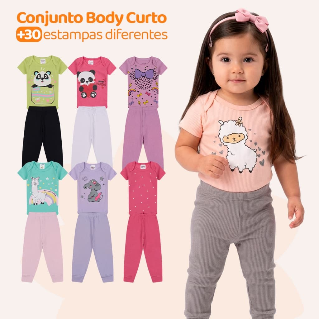 Kit 4 Peças de Roupas para Bebê Menina (2 Body Curto + 2 Calça Mijão) Kit 2 Body Roupa Infantil Bebê