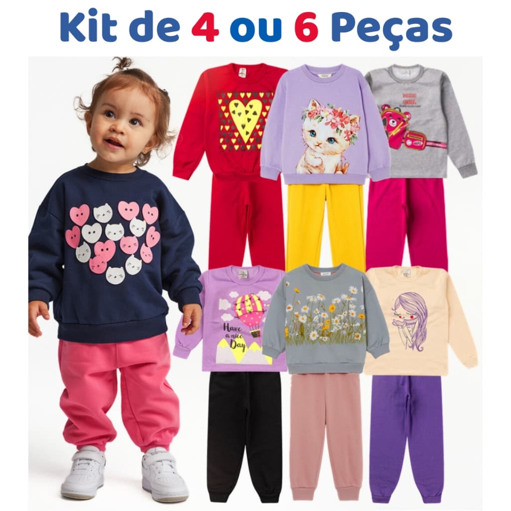Kit de 4 ou 6 Peças Sortido Conjunto Moletom Infantil Menina Feminino Inverno