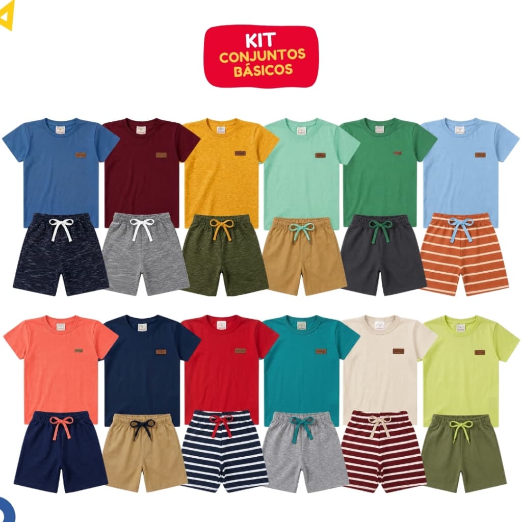 Kit 10 Peças Roupa Básica Infantil Menino Verão Conjunto Liso Masculino Algodão 1 ao 14 Pronta Entrega