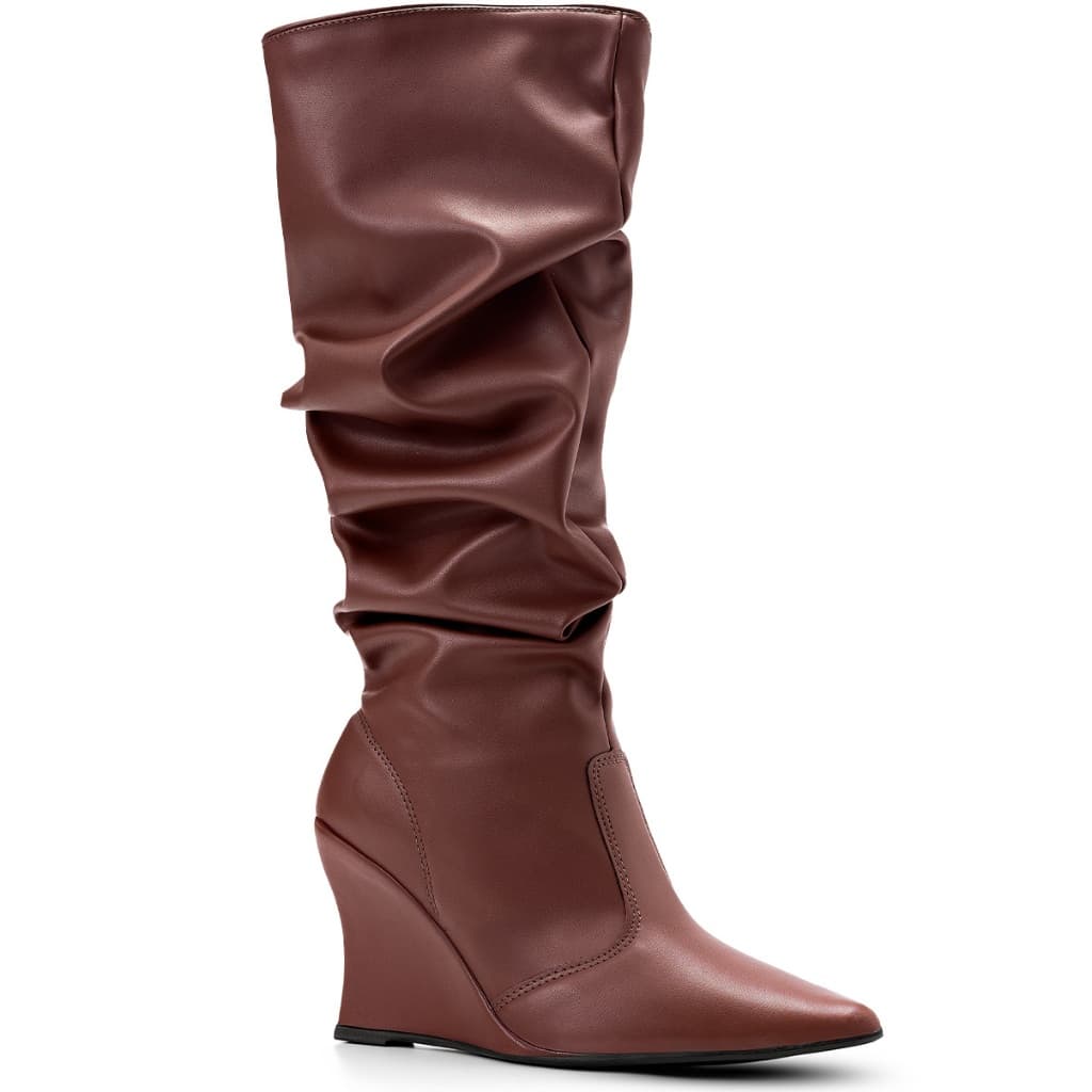 Bota Feminina Lumiss Slouchy Cano Alto Salto Anabela Alto Bico Fino Enrugada