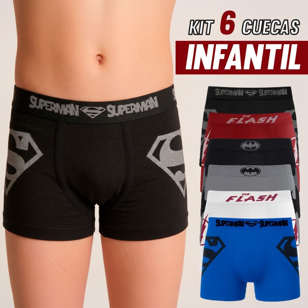 Kit 6 Cuecas Infantis Boxer Menino Super-Heróis Superman Batman Flash Personagens Confortável Macia