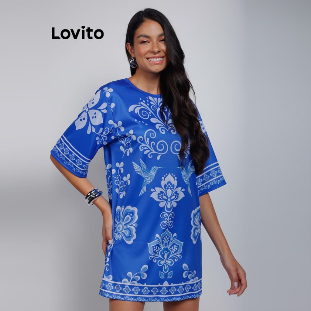 Lovito Bossa l Vestido Camiseta com Manga Alongada Estampa Arabescos DRB15741604