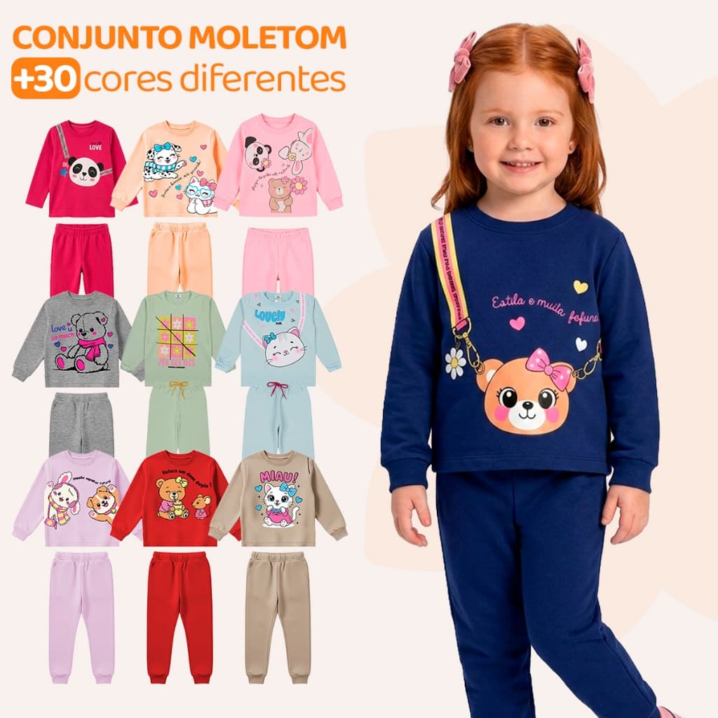 Kit Com 4 Peças Roupa Infantil Menina de Moletom Peluciado - Conjuntos Quentinhos E Estilosos Feminino Inverno Frio