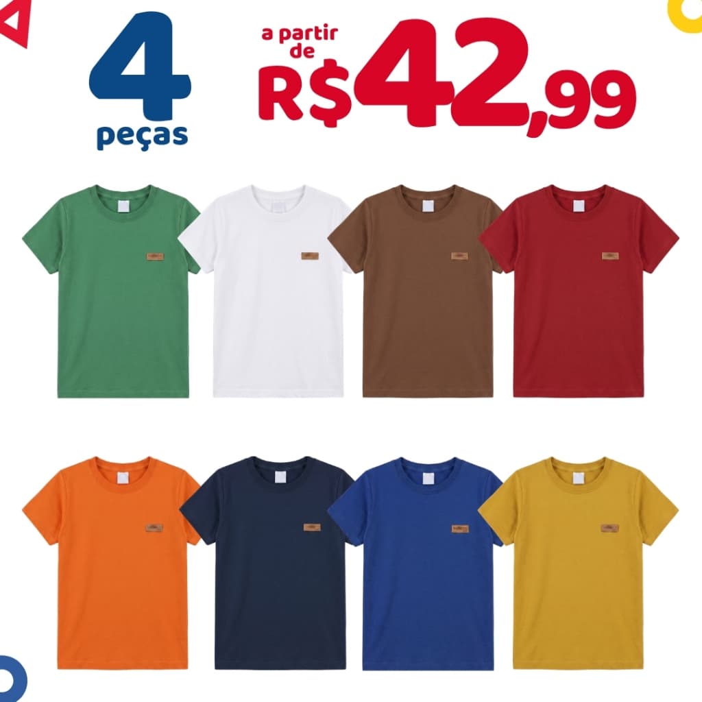 Kit Infantil 4 Camisetas Menino Básicas Manga Curta Lisas Verão 1 ao 14