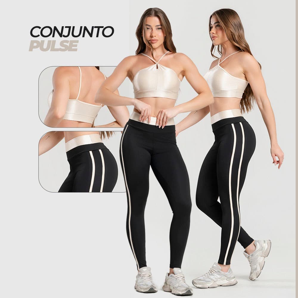 Conjunto Fitness Feminino Zero Transparência - Top com Forro e Abertura para Bojo + Calça com Listras Laterais
