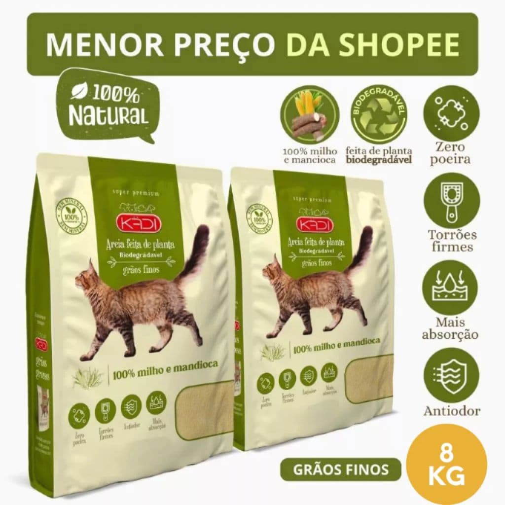 Areia Biodegradável Kadi Grãos Finos Gato 8 KG Grão Cat Bio Milho Mandioca (2 pacotes de 4 kg)