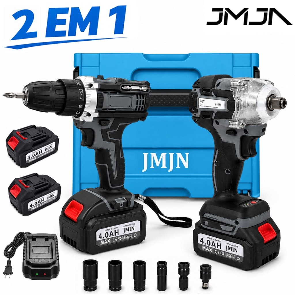 JMJN Kit 2 em 1 Ferramentas 48V com 2 Baterias–Parafusadeira+Chave de Impacto Sem Fio Potente Profissional Recarregável