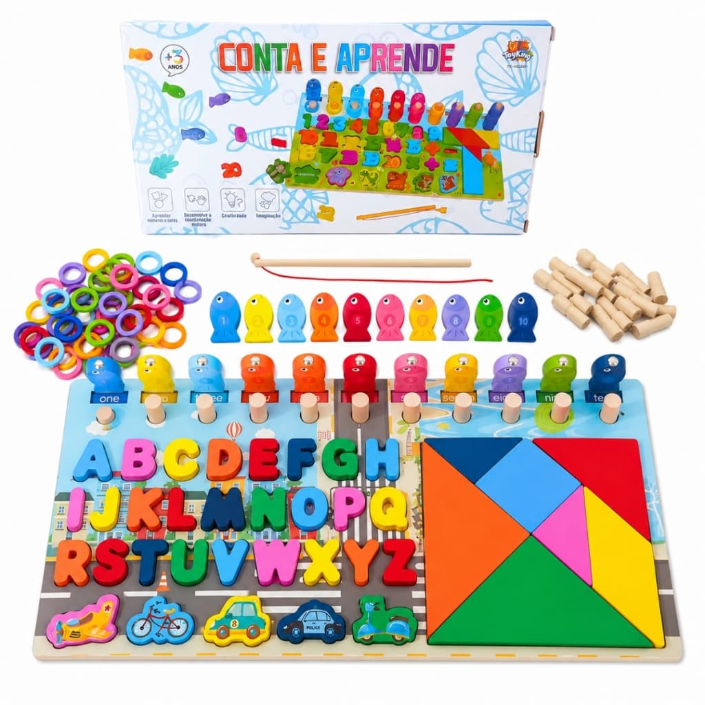 Tabuleiro de Letras Formas Números Pega Peixe de Madeira Educativo Didático