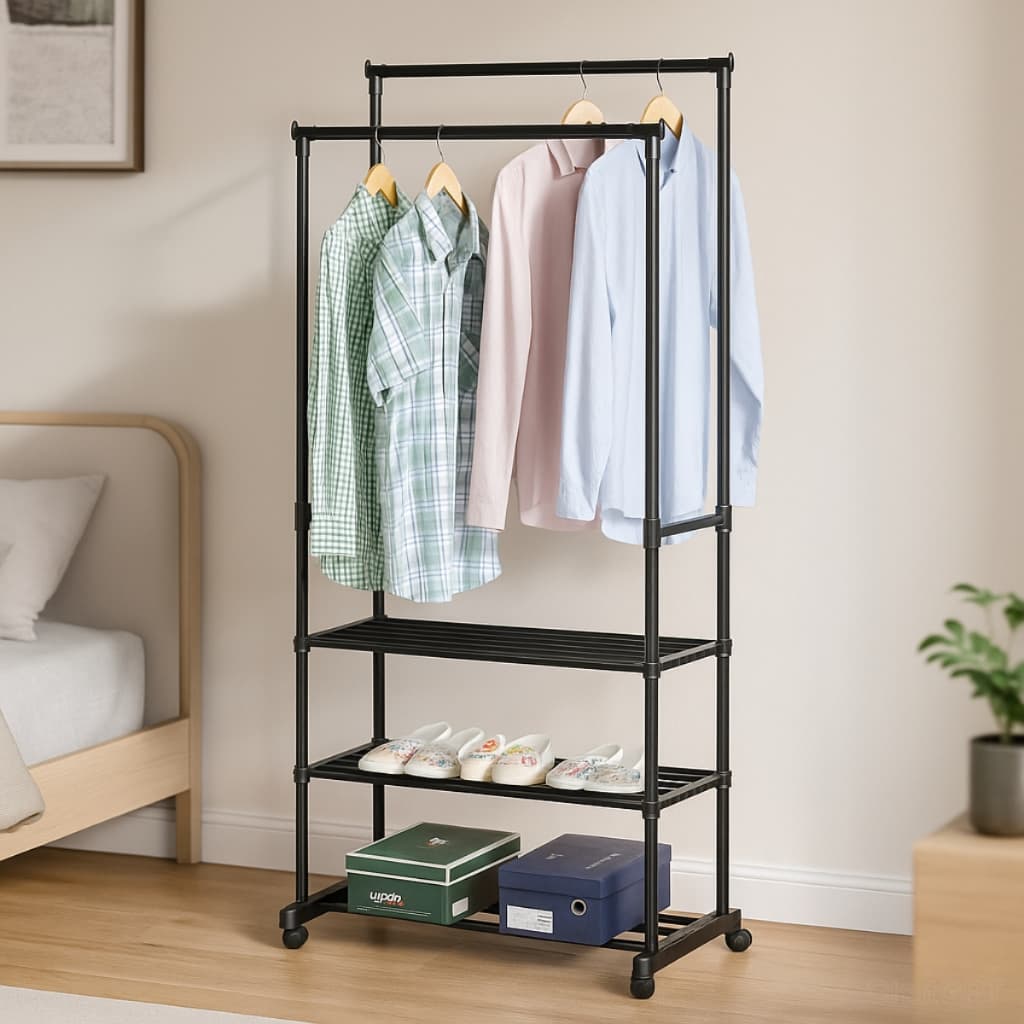 Cabideiro Duplo Arara Organizadora Para Cabides E Sapateira Preto