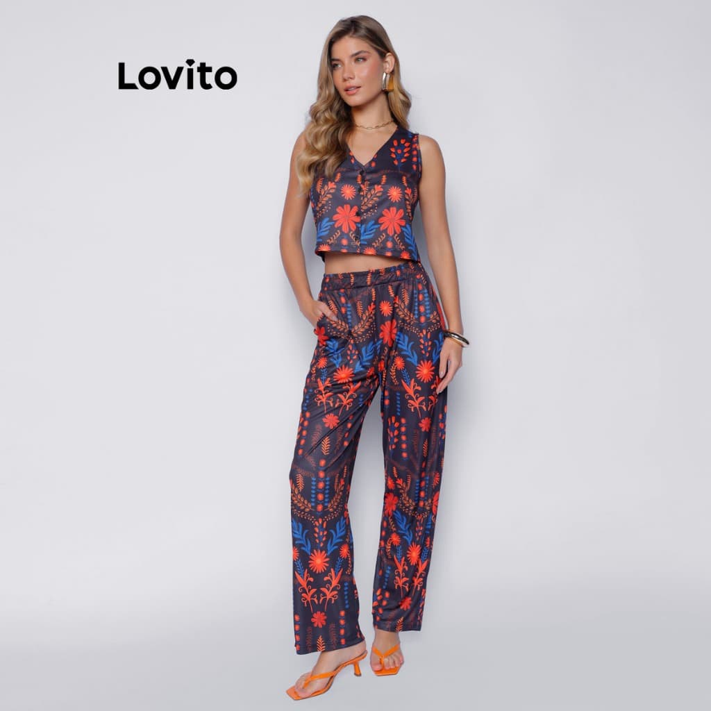 Lovito Bossa Conjunto Feminino Colete e Calça Estampada PSB1193BRL1223