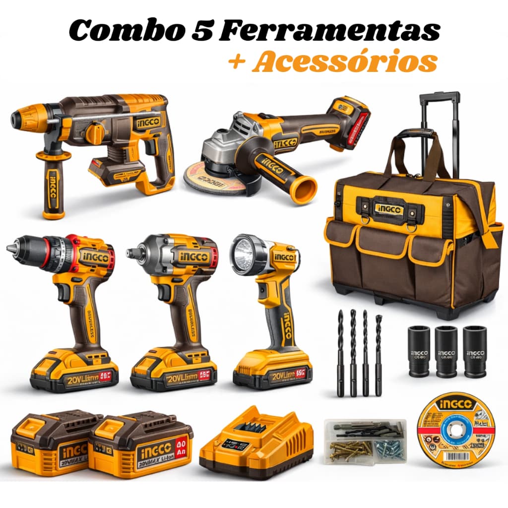 Kit Completo: Furadeira, Chave de Impacto, Martelete, Esmerilhadeira, Lanterna + 2 Baterias Ingco