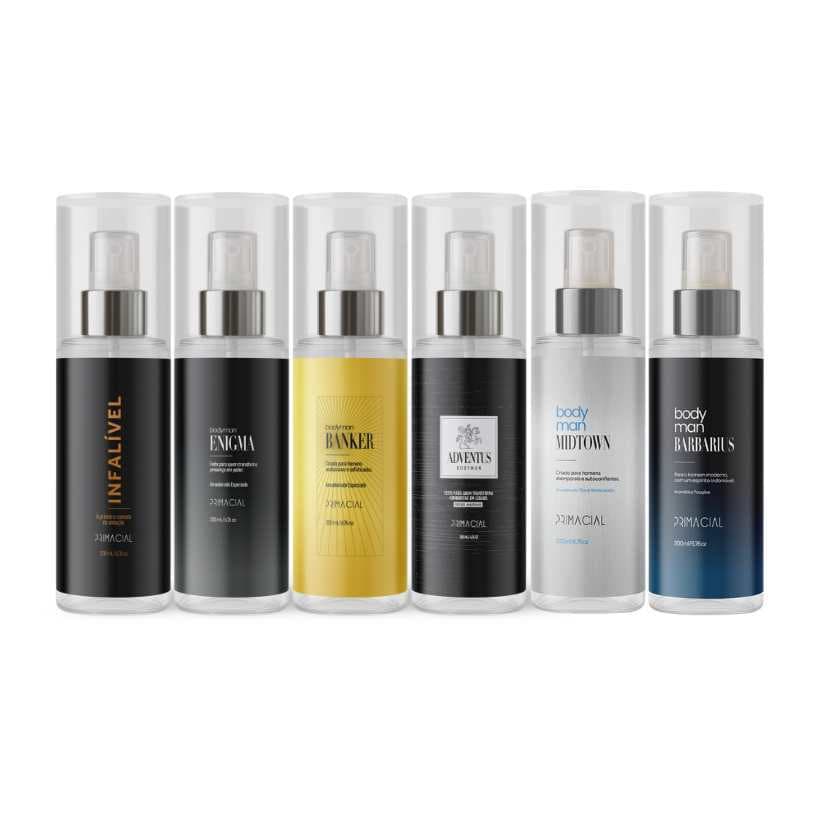 KIT COM 6 BODY SPLASH MASCULINO COMPLETO INFALÍVEL, ENIGMA, BANKER, ADVENTUS, MIDTOWN E BARBARIUS 200ML BY PRIMACIAL
