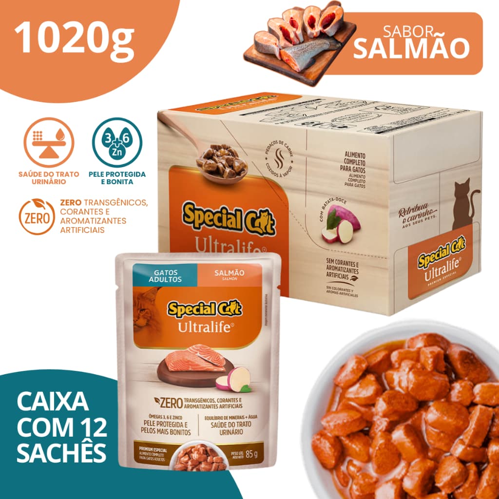 Caixa 12 Sachê Special Cat Ultralife Adultos Sabor Salmão 85g