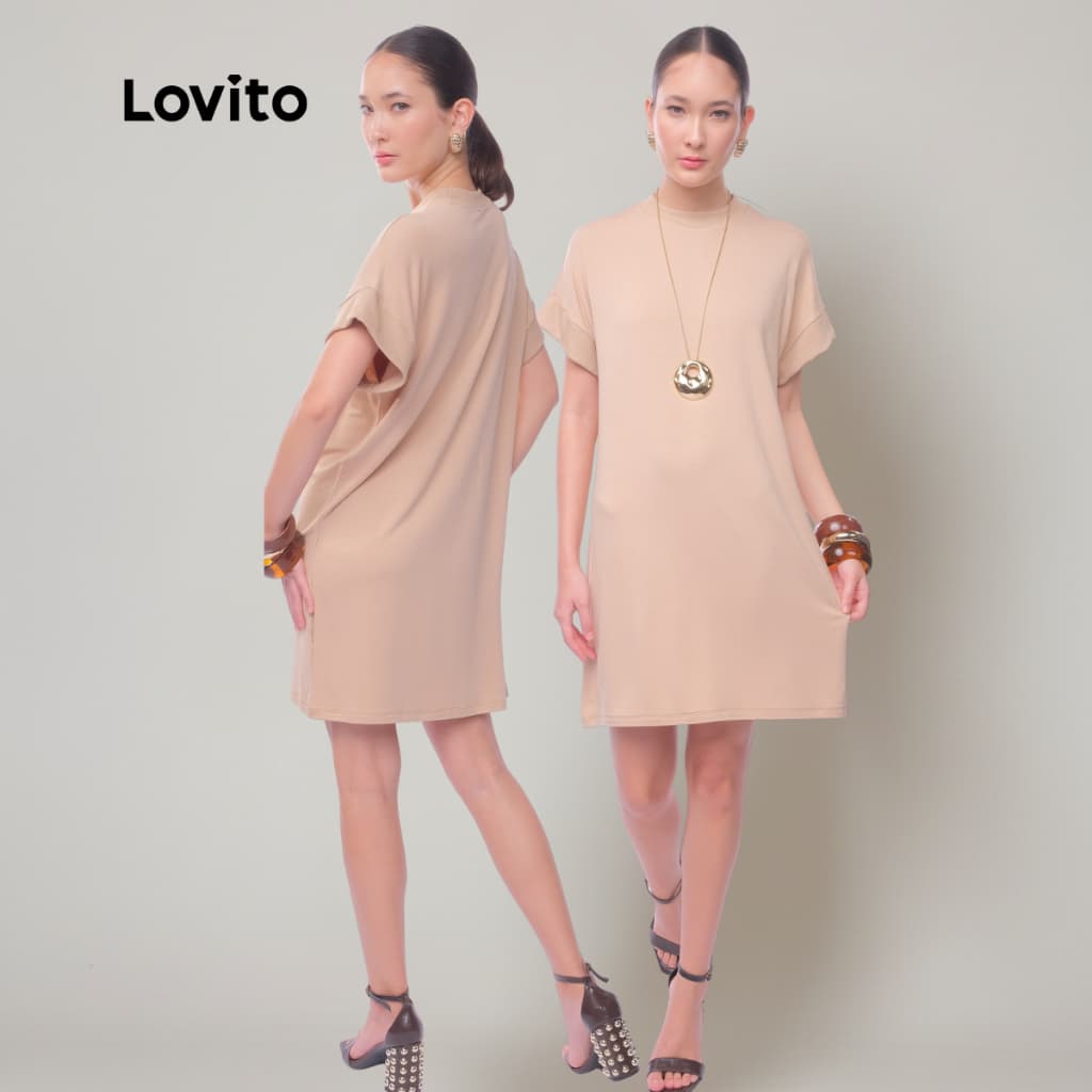 Lovito Vestido Curto Camiseta Moda Casual Liso para Mulheres BRDRB16251655
