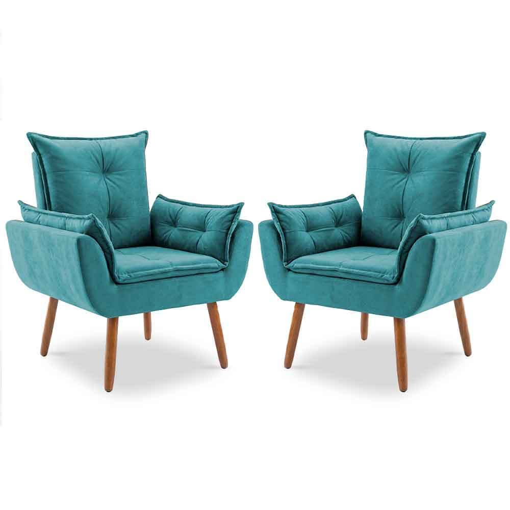 Kit 2 Poltronas Opala Para Sala Escritório Pés Palito Suede Azul Tiffany