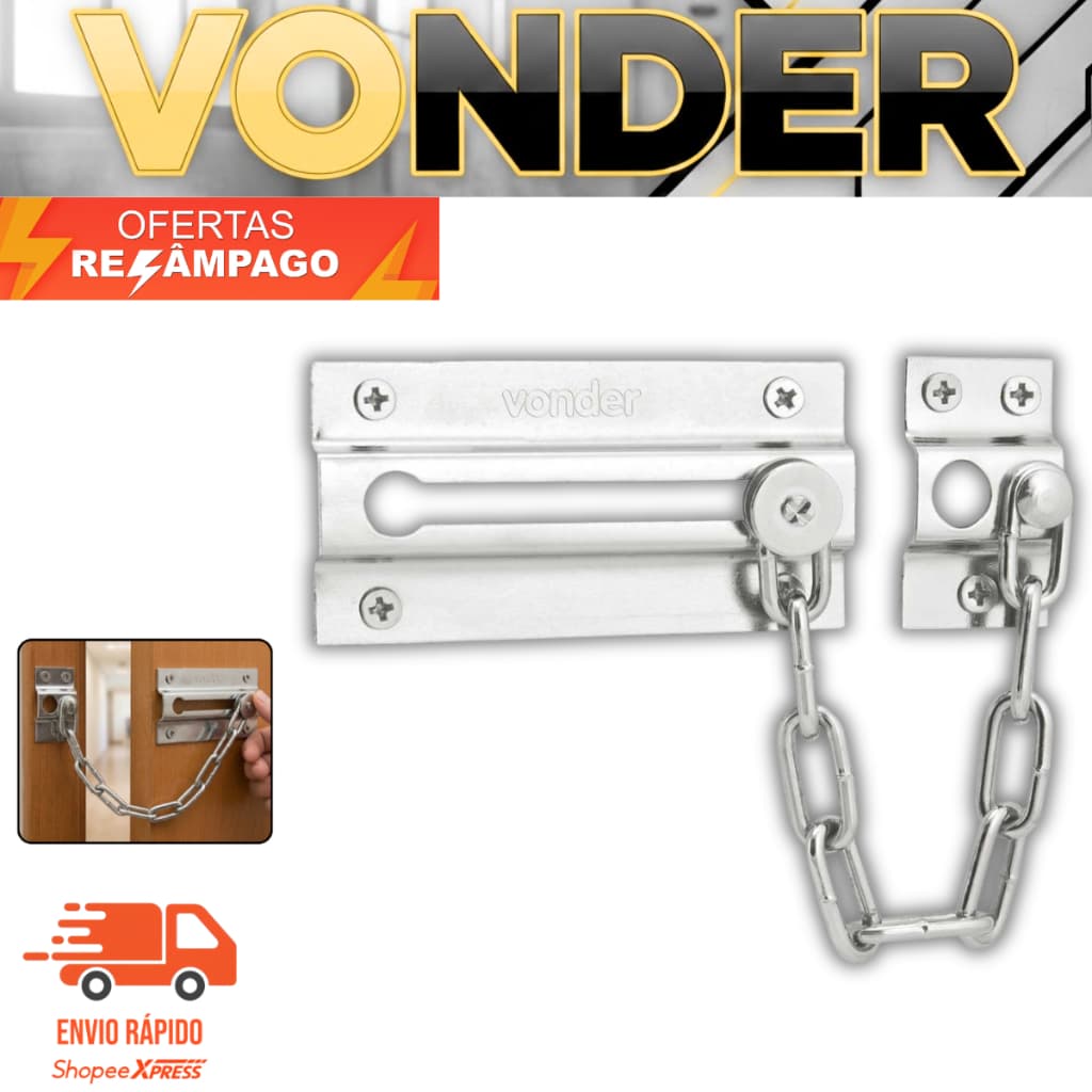 Fecho De Segurança Tranca Vonder Com Corrente Para Porta Pega Ladrão Fechadura Ferrolho Resistente