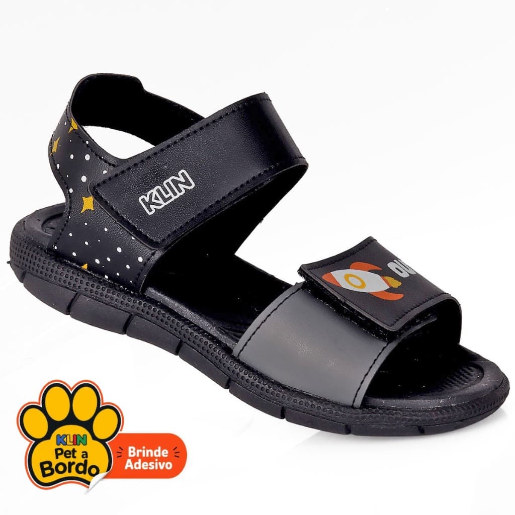 Sandália Papete Klin Menino Preto Foguete Espacial Velcro Anatômica Confortável Ajustável Original