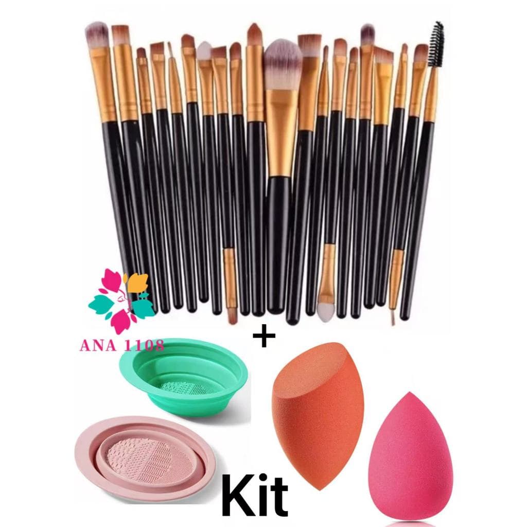 ANA 1109 KIT 20 Pcs  Pincéis De Maquiagem+2 Tigela para limpeza de pincéis+2 Esponjas
