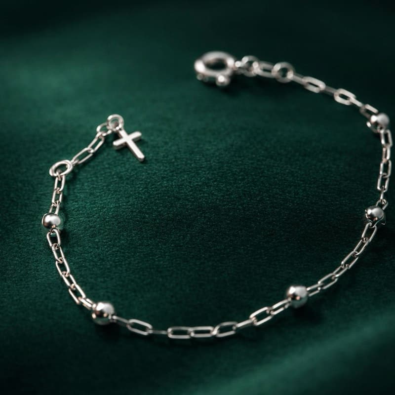 Pulseira Infantil Bolinha e Cruz em Prata 925 Pulseira Bebê Delicada