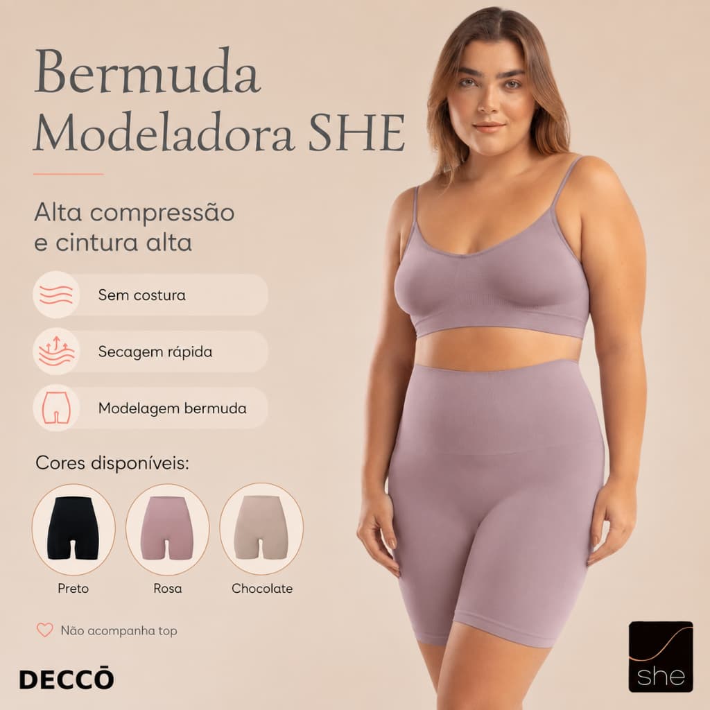 Bermuda Modeladora Feminina She Microfibra Sem Costura Leve Compressão Cintura Alta