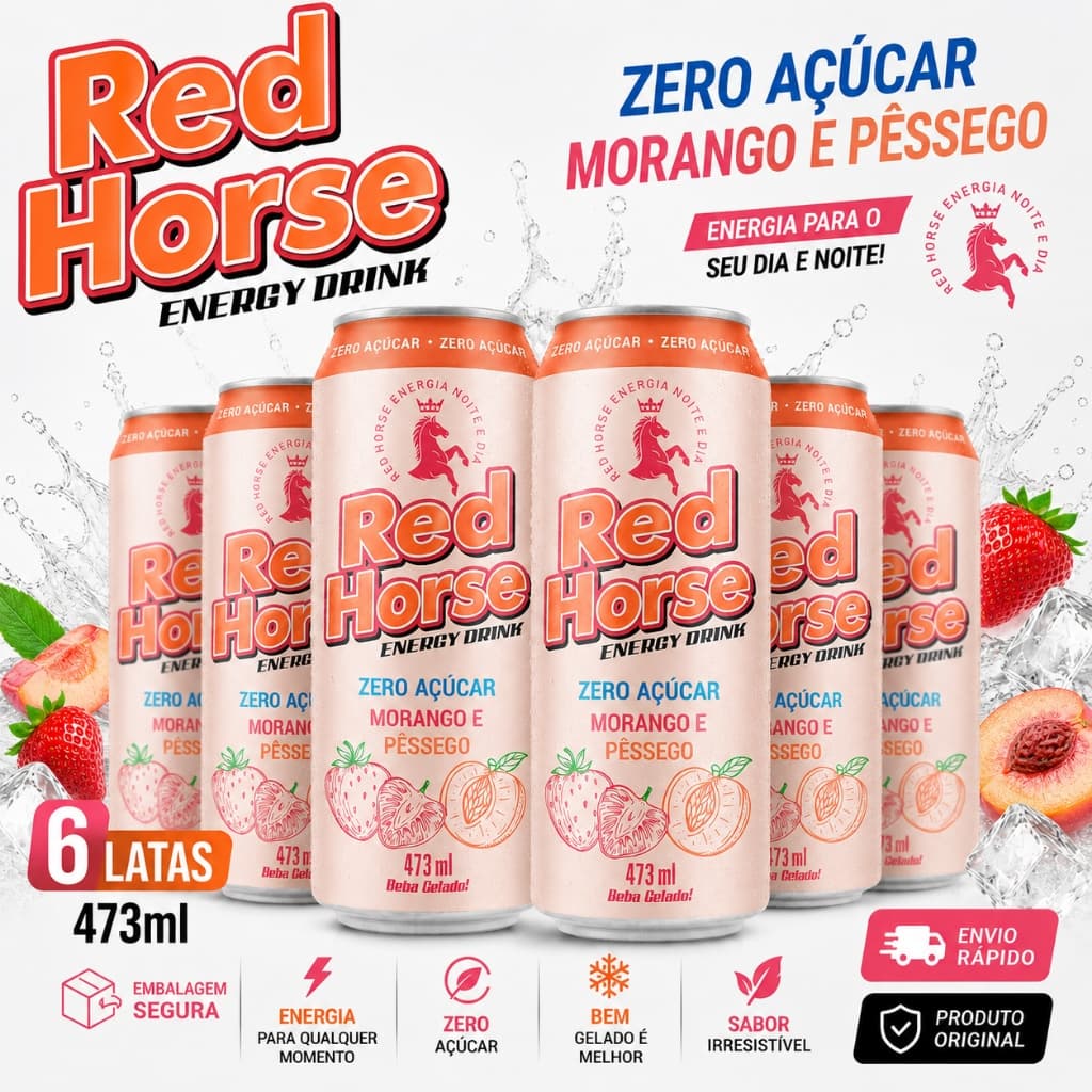 Red Horse Zero Açúcar Morango e Pêssego 473ml Pack 6 12 24 Latas Energético Original