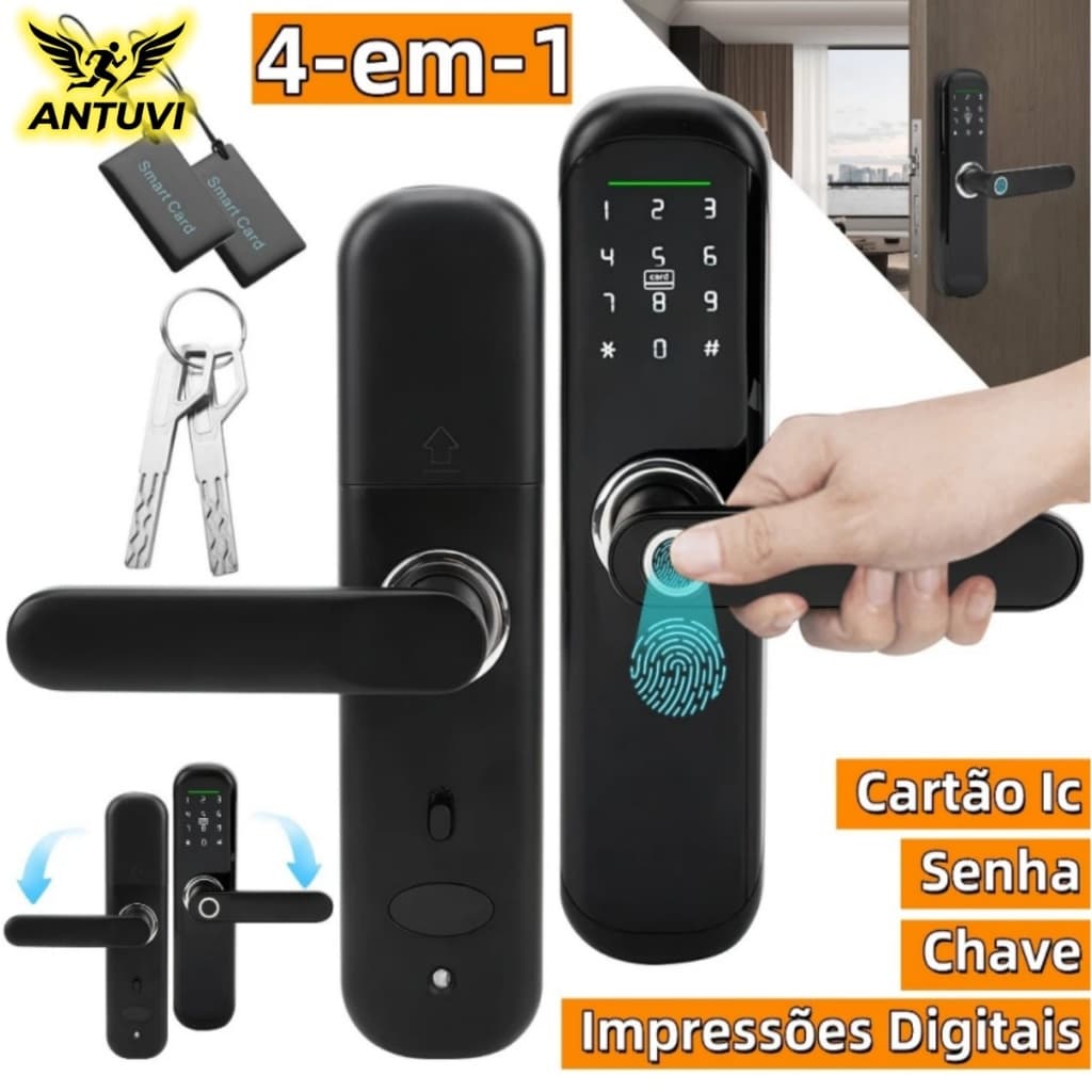 Fechadura Eletrônica Digital Casa/Hotel 4-em-1 Com Cartão Ic, Senha, Chave, Impressões Digitais