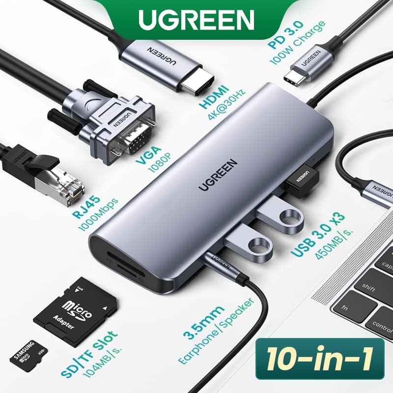 UGREEN Tipo C Hub 10 Em 1 Com Leitor De Cartões SD/4K RJ45 HDMI VGA PD USB 3.0 3.5mm TF Para MacBook/Pro/Air IPAD