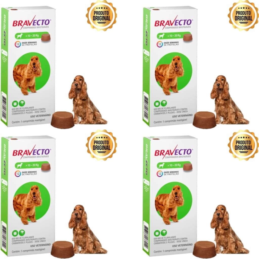 04 Bravecto Cães De 10 A 20kg 500mg antipulgas e carrapatos