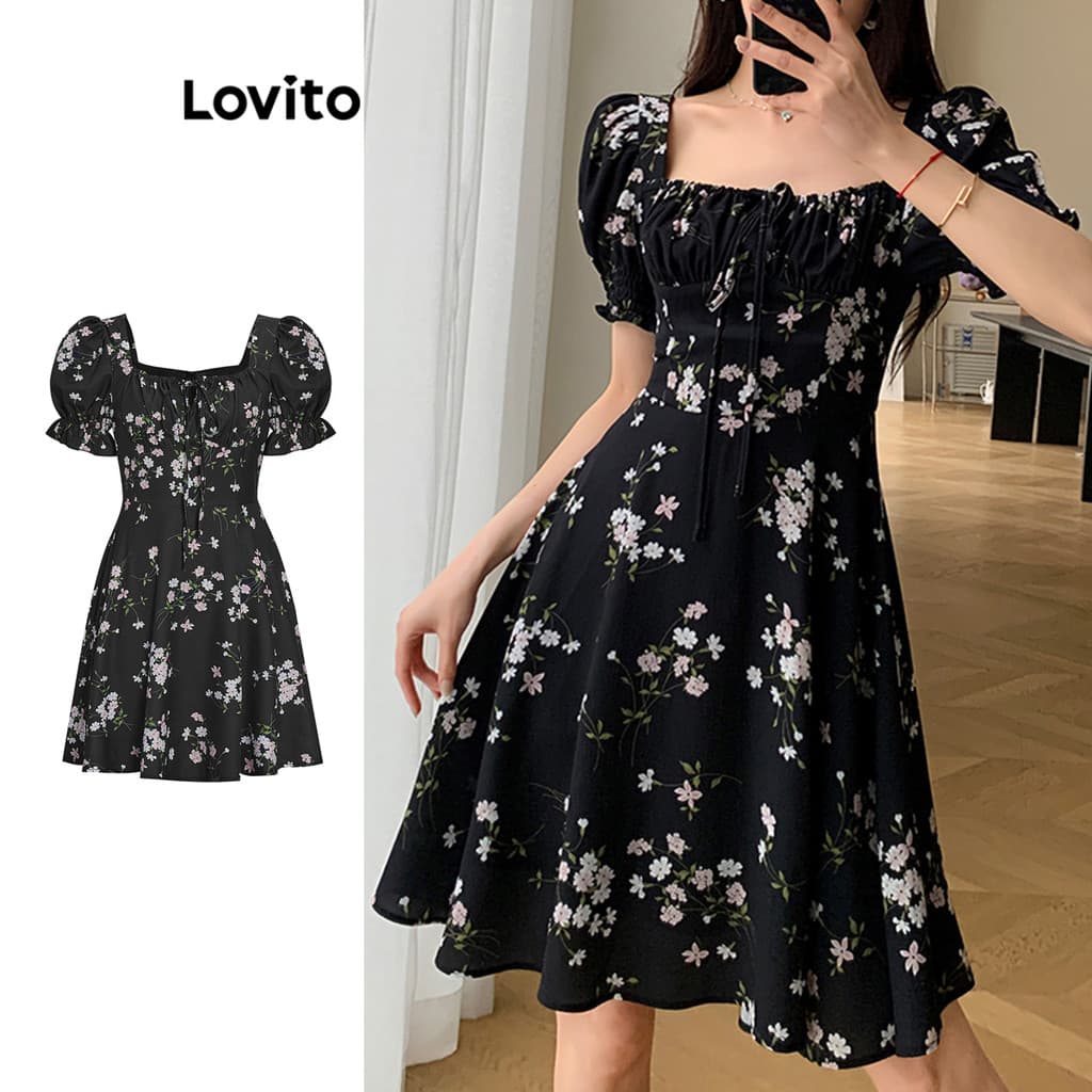 (Casual) Lovito Vestido Feminino Floral Amarrado (Preto) Bordado L68ED190