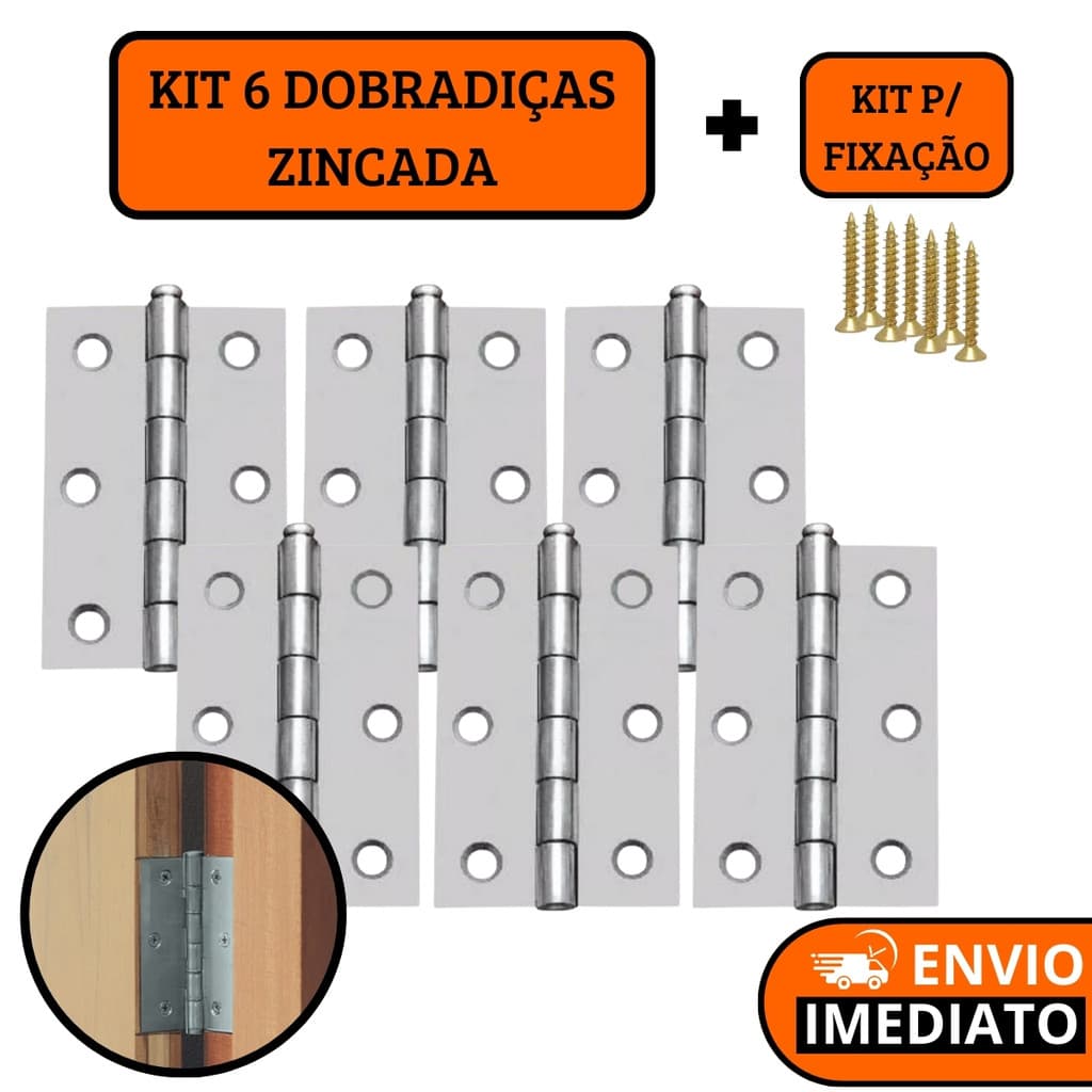 Kit 6 Dobradiças Zincada Porta De Madeira COM PARAFUSO - 3,8cm / 5cm / 6,4cm / 7,6cm / 8,9cm / 10cm