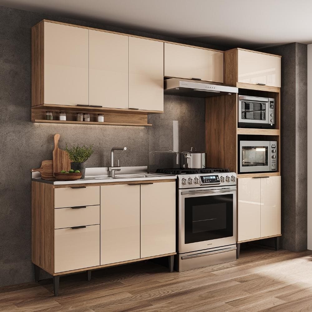 Armário de Cozinha Completa c Balcão Miami Box Carraro Off White c Freijó