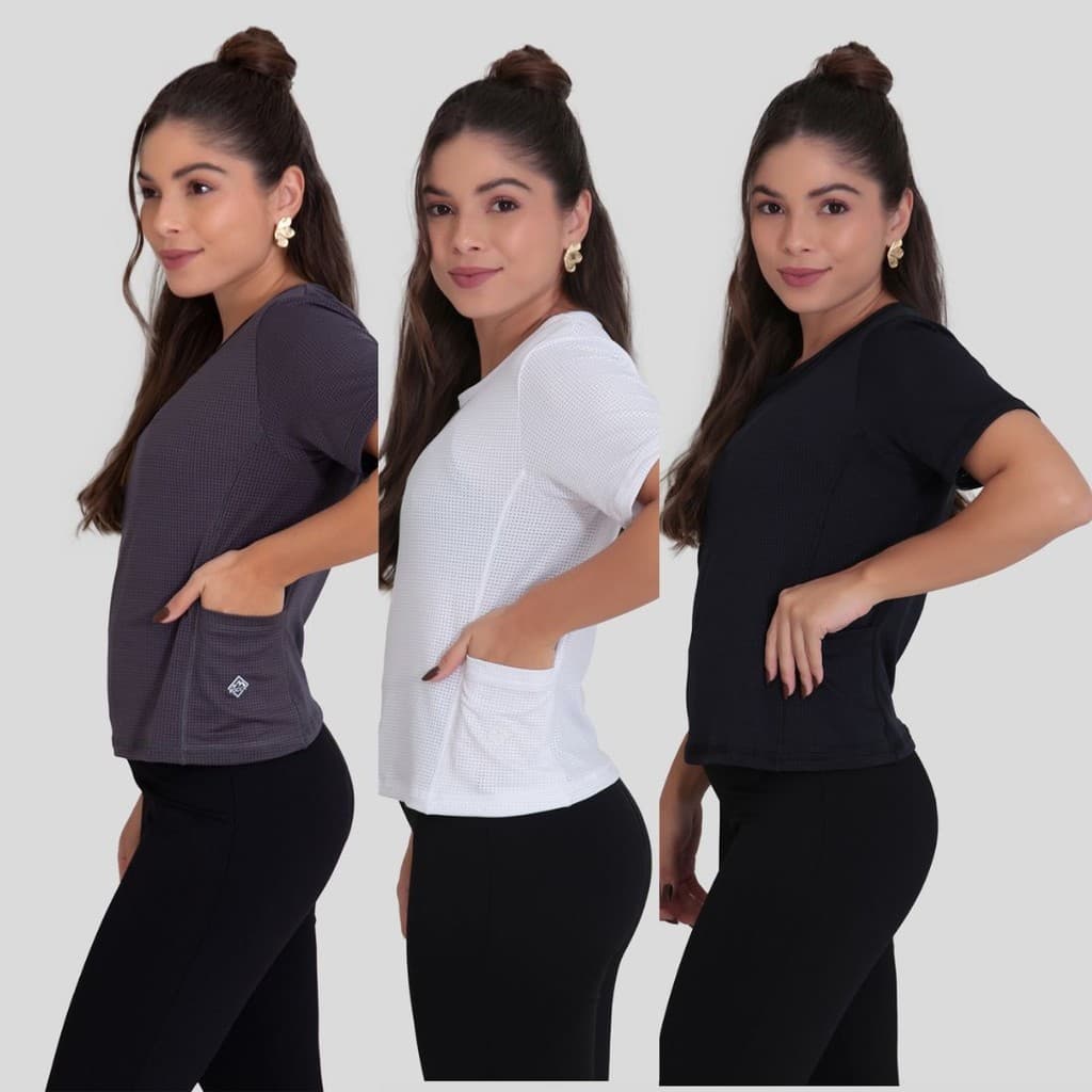 Kit 3 Camisetas Academia Feminina Com Bolso Uv50+ Poliamida Rocca