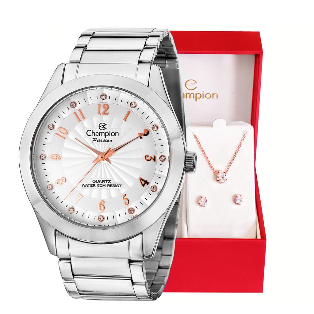 Relógio Prata feminino Champion Analógico Original + Conjunto Colar E Brinco Feminino CN29409N Relógio Relógio Feminino