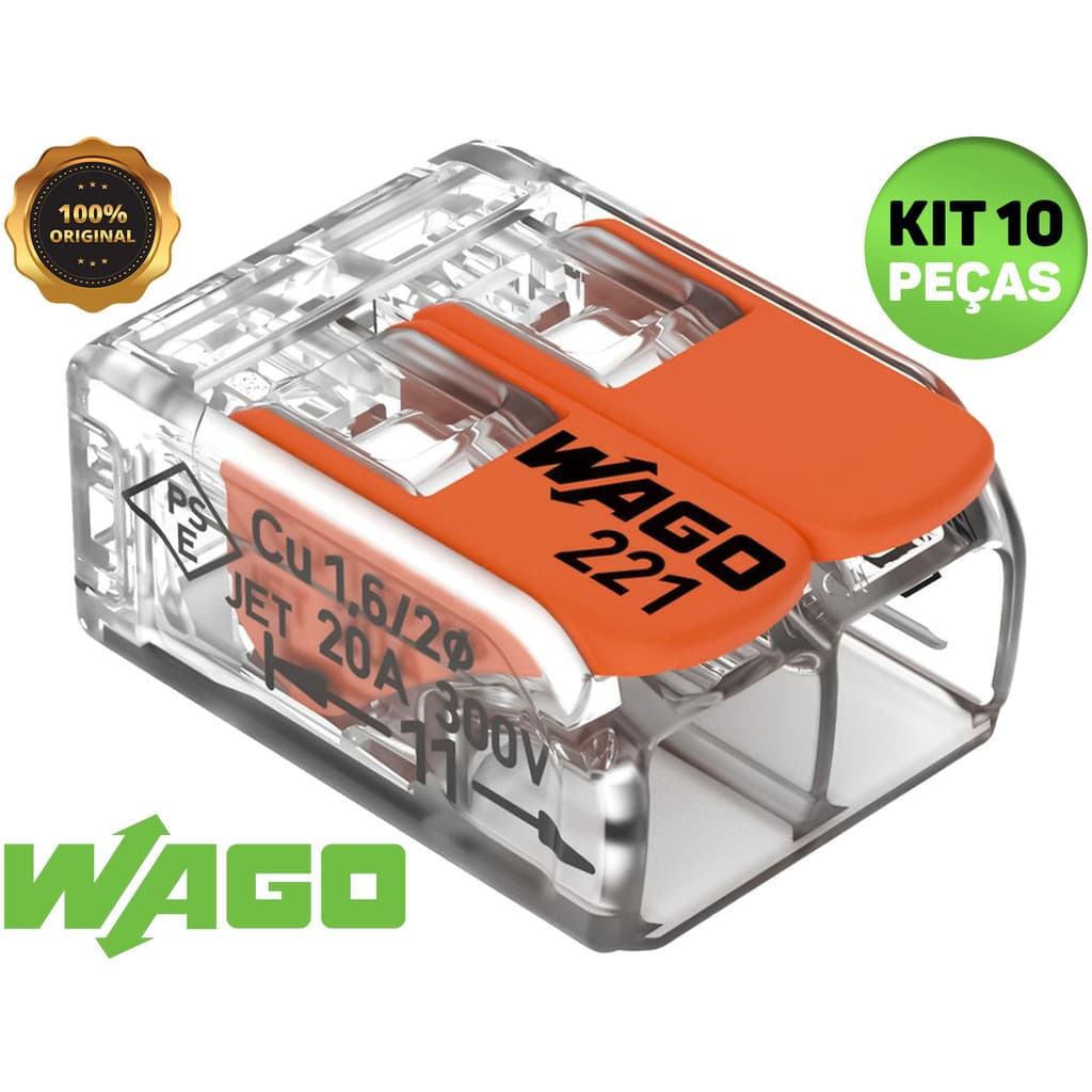 Kit 3, 5, 10 e 20 Conector Elétrico 221-612 Emenda Wago 2 Vias 41A Original 6mm² Fio Chuveiro Tomada